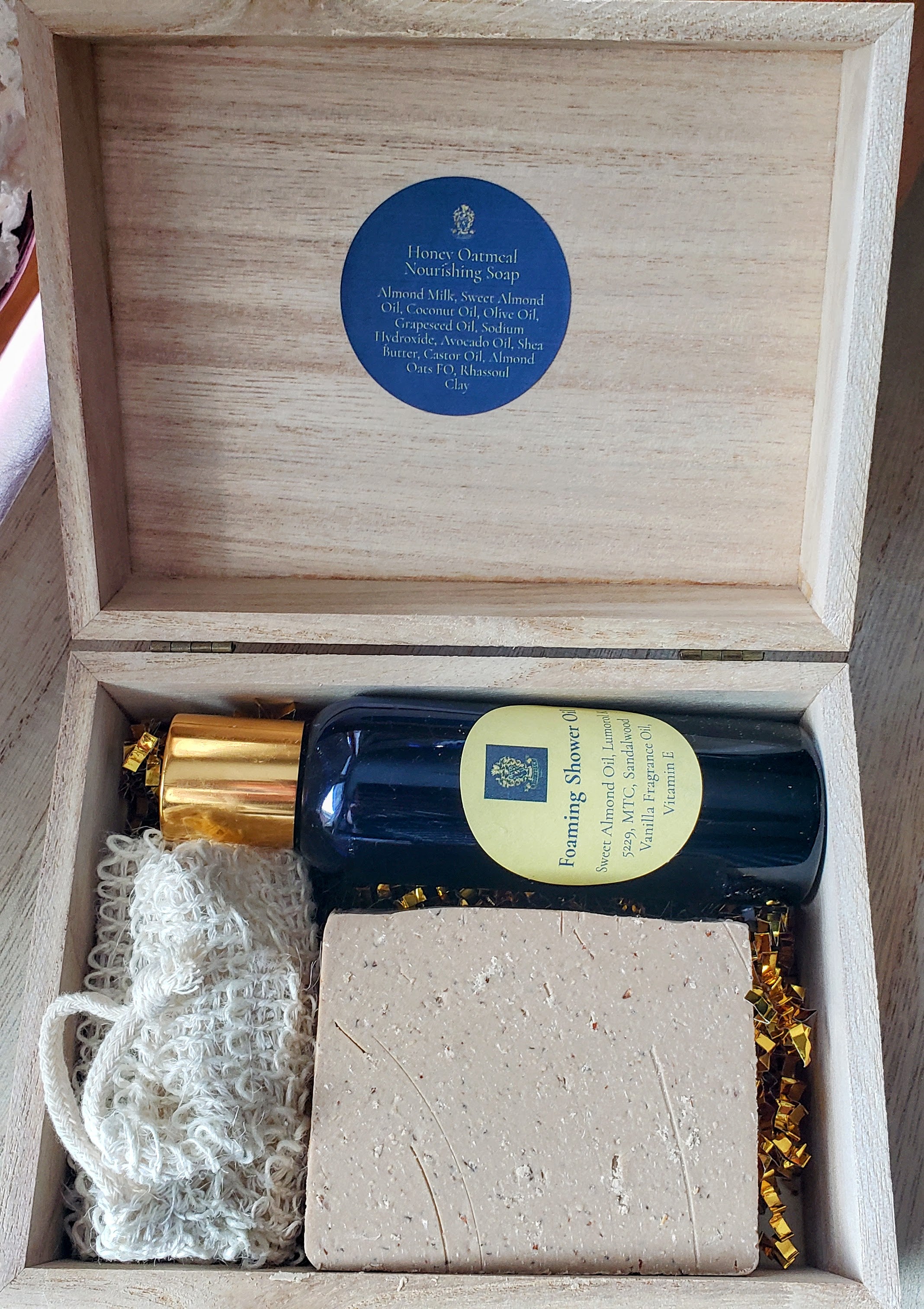 Almond & Sandalwood Gift Box | Honey Soap, Shower Oil & Soap Saver